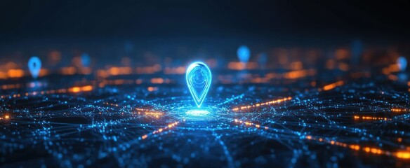 futuristic digital map with glowing blue location markers on an interconnected neon city grid evoking connectivity, precision, and discovery