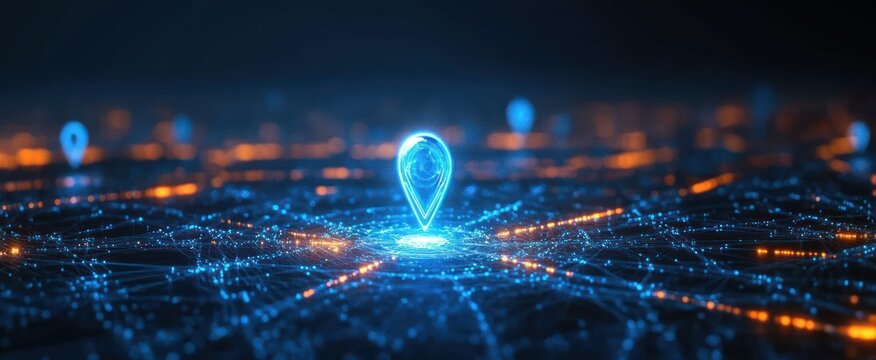 futuristic digital map with glowing blue location markers on an interconnected neon city grid evoking connectivity, precision, and discovery - Powered by Adobe