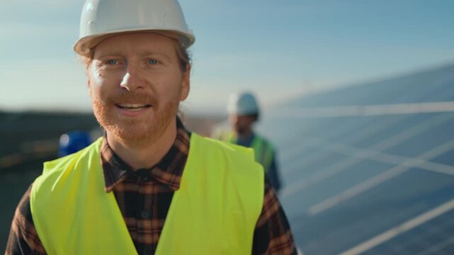 Excited team members celebrate successful solar panel installation in sunny location