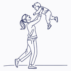 A joyful mother lifts her baby high in the air, sharing a moment of pure happiness and love isolated on