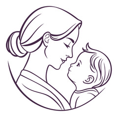 A loving mother gazes at her baby with affection, a tender moment captured in a minimalist line art drawing isolated on