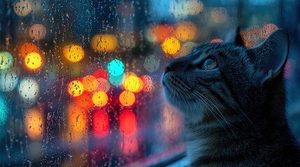 A cat looks up at the city lights through a rain-streaked window. High quality
