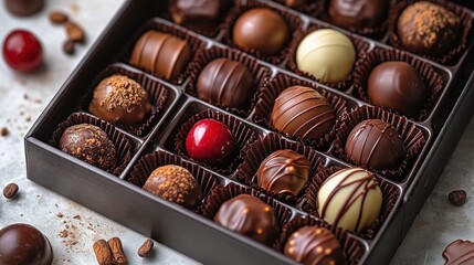 Assorted gourmet chocolate truffles and pralines in an elegant gift box with glossy red cherry confection, scattered coffee beans and cocoa dusting, inviting indulgence and luxury