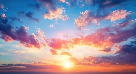 Radiant sunrise over the horizon with vivid pink, orange and purple clouds, blue sky and warm sunbeams evoking peaceful awe and tranquil morning light