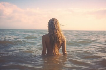 woman with long hair standing waist-deep in calm sea at sunset, back to camera, serene and contemplative mood