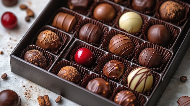 Assorted gourmet chocolate truffles and pralines in an elegant gift box with glossy red cherry confection, scattered coffee beans and cocoa dusting, inviting indulgence and luxury
