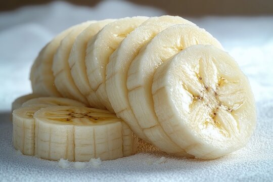 Close-up of neatly sliced ripe banana rounds resting on granulated sugar, soft bright lighting creating a fresh, sweet and appetizing mood