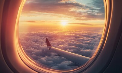 Plane window view; sunset over clouds, wing visible