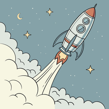 Illustration of a rocket ship blasting off into space with stars and a crescent moon in the background, creating a sense of adventure and exploration