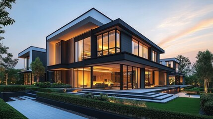 modern two-story luxury house with floor-to-ceiling glass windows, warm interior glow, terraces, manicured lawn, reflecting pool and trees at dusk, serene and inviting atmosphere