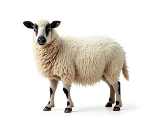 Fototapeta premium White sheep with black markings standing on white background