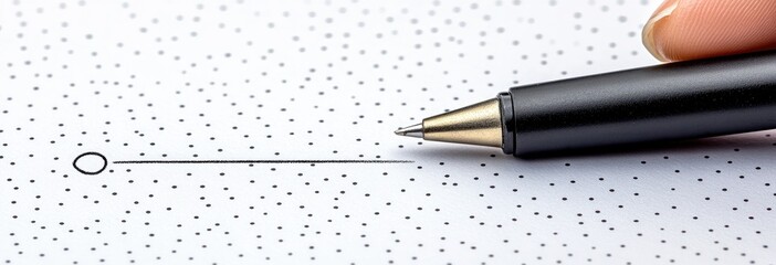 Circle check mark. Pen held above dotted white paper