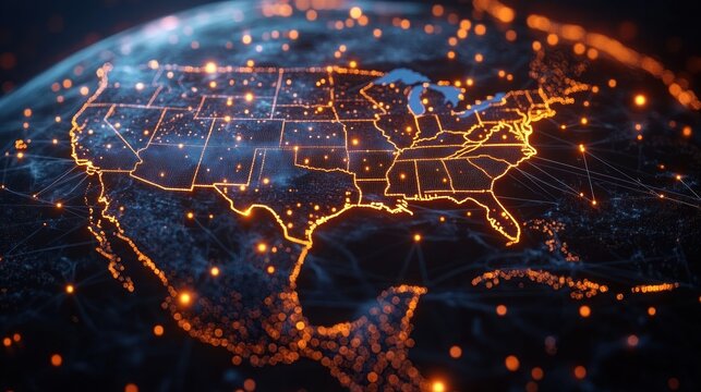 Glowing digital map of the United States with illuminated state borders, orange network nodes and connecting lines on a curved globe, futuristic and connected