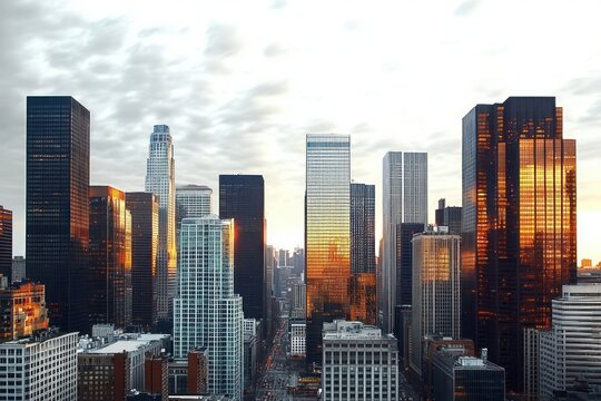 Golden sunset reflecting on glass-clad skyscrapers lining a central city avenue under a dramatic cloudy sky, calm and majestic urban skyline at dusk