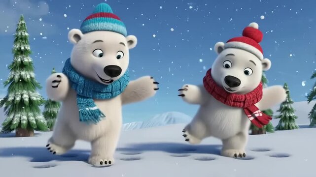 Dancing Christmas Winter Polar Bears Wearing a Hat and Scarf in the Snow