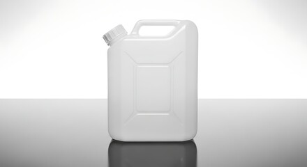 White Plastic Jerrycan on Reflective Surface for Liquid Storage.