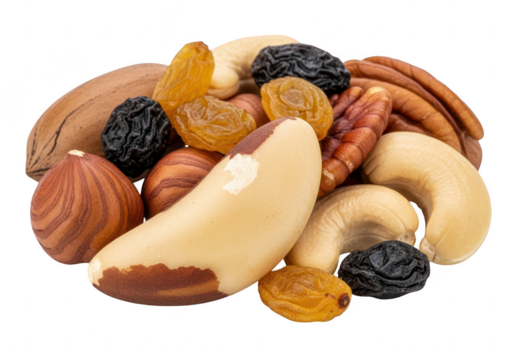 A healthy mix of nuts and dried fruits isolated on transparent background, a nutritious and delicious snack option for any time of day