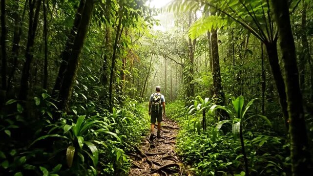Adventurous explorer hiking through dense jungle, seeking tranquility and discovery