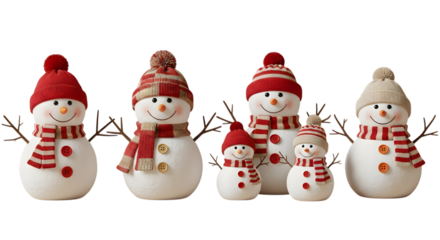 Group of cheerful snowmen with red and white knitted hats and scarves