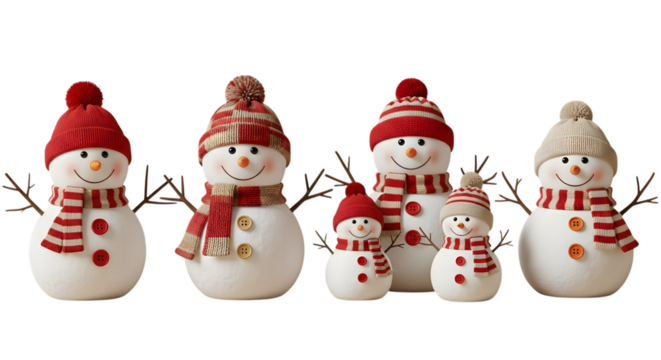 Group of cheerful snowmen with red and white knitted hats and scarves