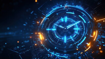 Futuristic glowing digital clock interface with circular blue neon HUD, orange sparks and intricate circuit patterns, radial data lines conveying high-tech energy, precision and motion
