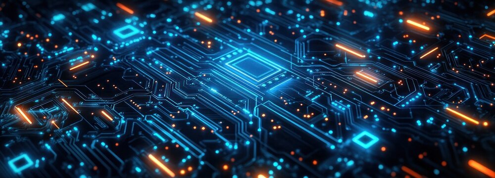 Close-up glowing blue and orange circuit board with central microchip, illuminated traces, tiny light nodes and dynamic futuristic energy flow