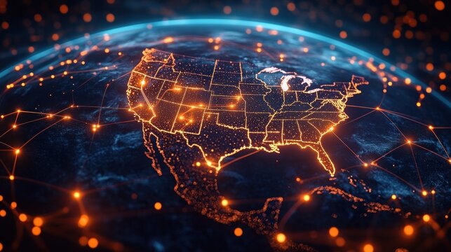 Glowing digital map of the United States on a curved Earth with interconnected orange network nodes and lines, evoking futuristic connectivity and energetic innovation
