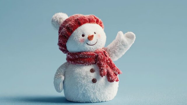 Snowman plush toy wearing red hat and scarf waving and smiling with raised arm on blue background cozy holiday winter scene festive decoration