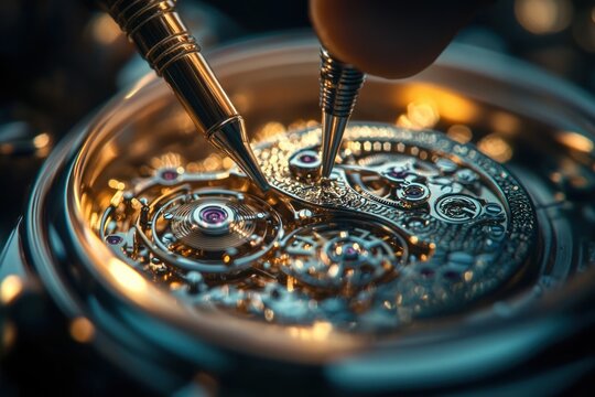 Close-up of watchmaker assembling intricate mechanical watch movement with precision tools, tiny gears and jewels, focused hands conveying meticulous concentration and care