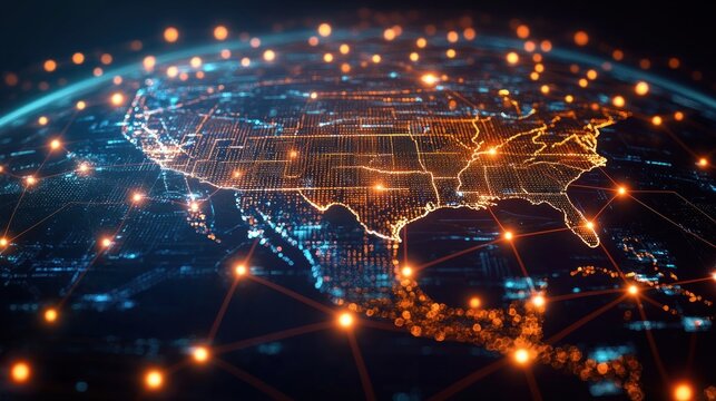 glowing digital map of north america with illuminated city nodes, network lines and data grid conveying a futuristic, connected, energetic atmosphere