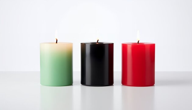 Three Kwanzaa candles with traditional colors