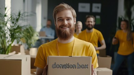 Volunteer holding a donation box during community support work
