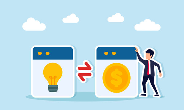 Businessman stand near two app interfaces showing a lightbulb and a dollar coin separated by an implication icon illustration of the correlation between business ideas innovation and income