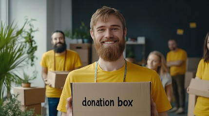 Volunteer holding a donation box in a community support group
