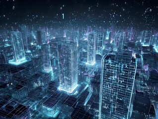 Luminous digital city with floating numbers - Powered by Adobe