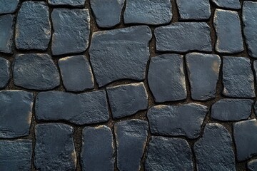 dark irregular cobblestone pavement with worn textured stones and narrow grout lines evoking a moody historic urban walkway