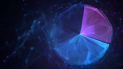 Futuristic Low Poly Pie Chart Hologram. Digital Data Analysis, Business Finance, and Technology Background.