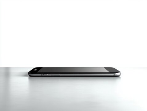 Sleek modern smartphone lying flat on a smooth reflective surface with black glass screen and metallic side buttons in a minimalist studio setting, calm and precise