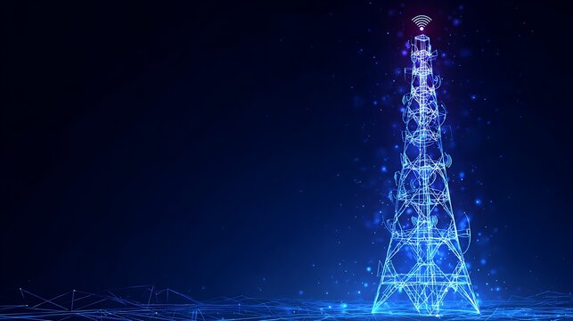 Digital Cellular Communication Tower Hologram. 5G Wireless Network Technology and Global Telecommunication.