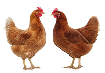 Fototapeta premium Two brown hens poultry farming chickens livestock agriculture animal husbandry birds isolated on transparent background