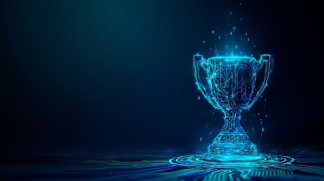 Digital Low Poly Winner Trophy Hologram. Business Success, Achievement, and Championship Technology Concept.