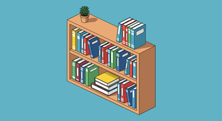 Cozy bookshelf filled with colorful books and a charming potted plant, perfect for adding a touch of warmth and personality to any room or design project