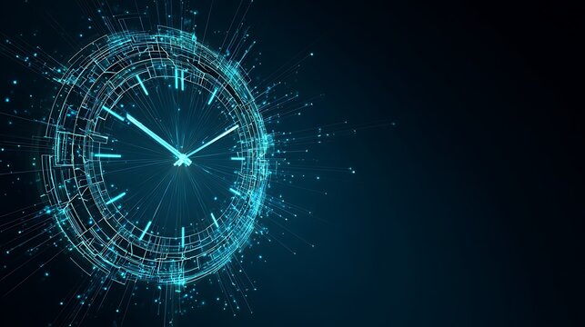 Abstract Digital Clock Hologram Low Poly Concept. Futuristic Time Management, Technology, and Deadline Background.