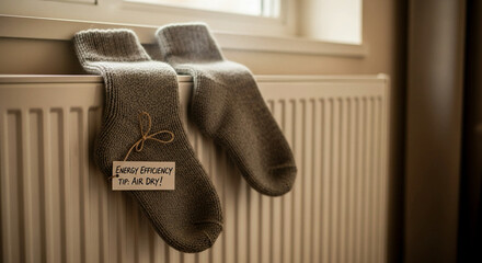 Cozy knitted socks drying on a radiator with a reminder to save energy and air dry for a sustainable winter lifestyle, promoting eco-consciousness and mindful living at home