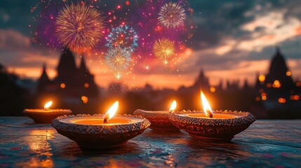 Glowing clay oil lamps with ornate patterns on a reflective surface as colorful fireworks burst over silhouetted temple spires at twilight, evoking a warm, festive and peaceful mood