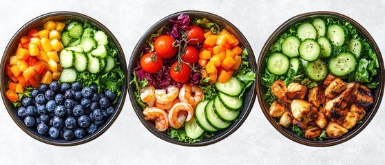 Three vibrant fresh salad bowls with blueberries, cucumber slices, diced bell pepper, cherry tomatoes, shrimp and grilled chicken on crisp mixed greens, appetizing and healthy