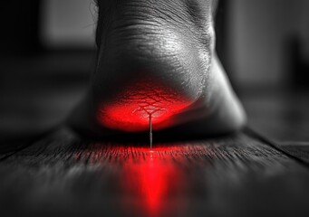 bare heel pressing down on a sharp nail through wooden floor, red glowing puncture and reflection conveying sudden pain and vulnerability