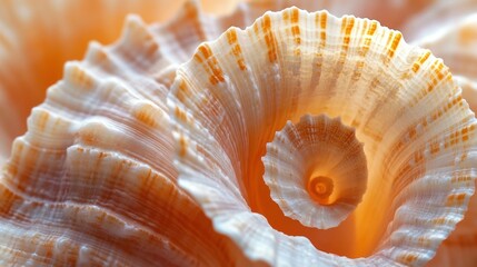 Macro close-up of a spiraling peach and cream seashell interior with delicate ridges and concentric texture, warm glowing tones evoking calm and wonder