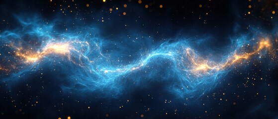 Glowing blue nebula stream with golden sparks across a dark starry sky evoking awe and cosmic energy