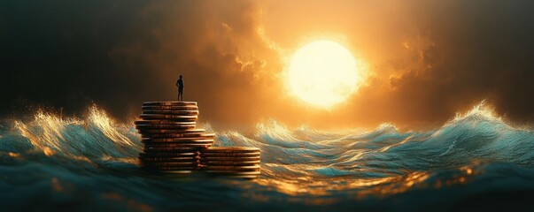 Silhouette of a lone person standing on stacked coins amid turbulent ocean waves at a golden sunset, evoking isolation, precarious resilience and financial uncertainty